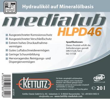 KETTLITZ-Medialub HLPD 46 Hydrauliköl auf Mineralölbasis - 20 Liter Gebinde